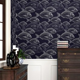REDAMANCY Dark Navy Blue White Fish Sea Animal Abstract Peel and Stick Wallpaper Stick on Contact Paper Vintage Wall Paper Easy Peel Off for nightstand Drawer Cabinet Renter
