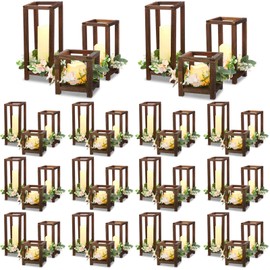 Hushee 15 Set 45 Pcs Wooden Wedding Lantern Centerpiece Wooden Candle Lantern Set Rustic Lantern Candle Holder for Wedding Table Decoration Farmhouse Candle Lantern for Christmas Party(Brown)