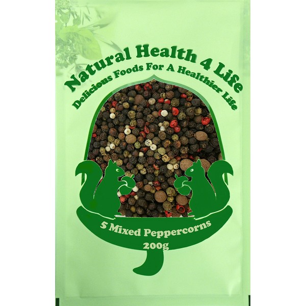 Natural Health 4 Life Spices Mixed Whole Peppercorns Five Pepper (Black, White, Green, Pink and Allspice) 200 g in Bag (1 Bag)