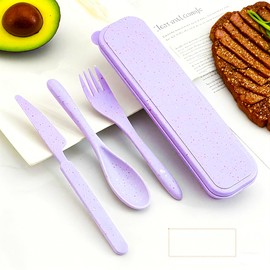 Travel Utensils - Reusable Travel Utensils with Case, Wheat Straw Portable Camping Cutlery Set for Office Lunch School Picnic or Daily Use (Purple,Purple)