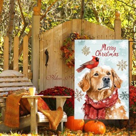 Golden Retriever Wear Scarf Garden Flag 12X18 Inch Yard Flag Vertical Double Sided Burlap Flag for Farmhouse Holiday Outside Decoration