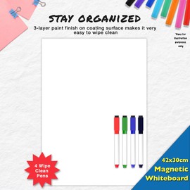 Magnetic Blank Fridge Whiteboard: 42x30cm with 4 Colourful Erasable Pens