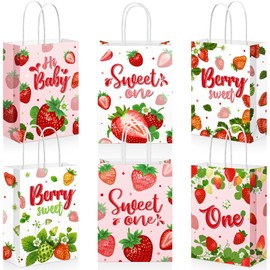 Reallnaive 18 Pcs Berry Sweet One First Birthday Party Favors Bags Strawberry 1st Birthday Goodie Candy Treat Gift Bags with Handles for Sweet One Theme Baby Shower Party Decorations Supplies Favor