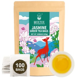 WT WEETEE Jasmine Green Tea Bags, 100 Count Jasmine Scented Green Tea, Refreshing & Relaxing, No Artificial Flavors | Resealable Kraft Bag | Brew Hot or Iced