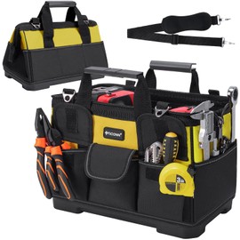 TICONN Heavy Duty Tool Bag with Multi-Pockets, Portable Tool Box Organizer Storage Bag, with Adjustable Shoulder Strap and Ergonomic Handle (Yellow, 14" Molded Base)