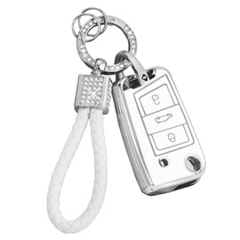 BLINGOOSE BLINGOOSE Schlsselhlle Cover fr VW Volkswagen Polo Golf 7 MK7 Tiguan Touran T ROC Cross Taigo 3 Tasten Auto Schlsselcover Schlsselgeh?use Glitzer Schlsselanh?nger Frauen Girly Wei? Silber TPU