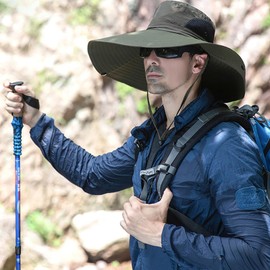 Peicees Super Wide Brim Sun Hat Men Women Fishing Bucket Hat Safari Cowboy Hat, Black Mesh_Army Green