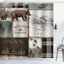 ZCHOMI Rustic Cabin Shower Curtain Vintage Country Lodge Bear Deer Mountain Forest Farmhouse Shower Curtain for Bathroom Waterproof Polyester Fabric Bath Curtain 72 x 72 Inch with 12 Plastic Hooks