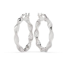 Sterling Silver Diamond Cut Edge Ecoated Polished Twist Hoop Earrings for Women | 3x25mm Round Hoop Earrings | Secure Snap Bar Closure | 14k Shiny Classic Earrings