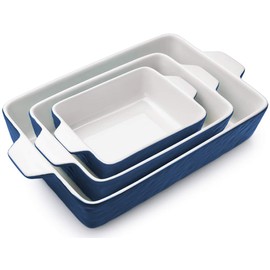 Krokori Casserole Dishes for Oven, Ceramic Baking Dishes, Lasagna Pan with Handles, Porcelain Baking Pan Deep, Bakeware for Baking, Cooking, Wedding Gift, Set of 3 (11.6" x 7.8", Dark Blue)