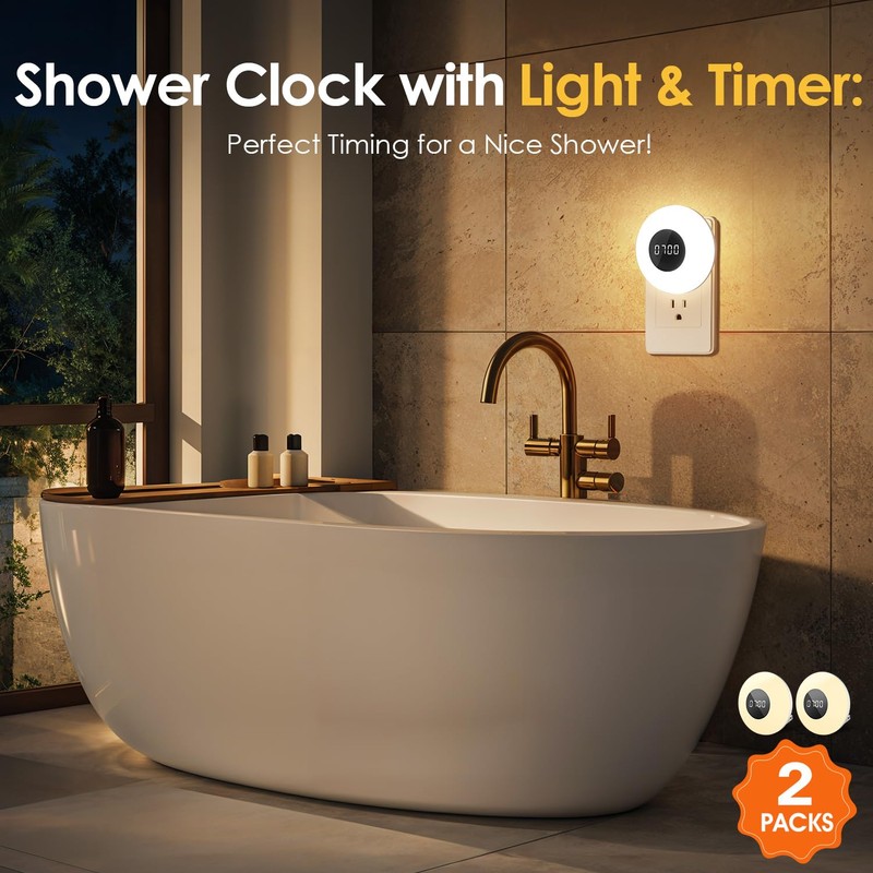 One Fire 【2 Pack】 Bathroom Clock,10 Levels Dimmable+3 Light Colors+Remote