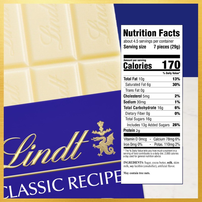 Lindt CLASSIC RECIPE White Chocolate Bar, White Chocolate Candy, 4.4