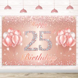 Happy 25th Birthday Banner Backdrop - 25 Birthday Party Decorations Supplies for Women or Men - Rose Gold 4 x 6ft