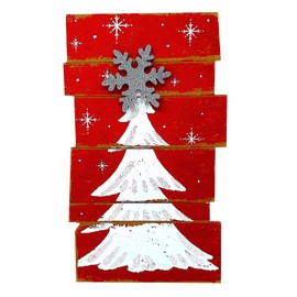 Christmas Tree Wooden Decor Rustic Wall Door Glittery Decoration Indoor Outdoor 15.5" x 9.5" (Red & White)