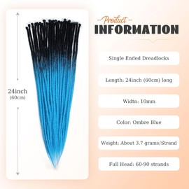 Sangtok 20 pcs Thick Dreadlock Extensions Single Ended, 24 inch 1cm Width Ombre Blue Handmade Viking Crochet Dreads Extensions, SE Hippie Soft Fake Synthetic Dreadlock Extensions for Women