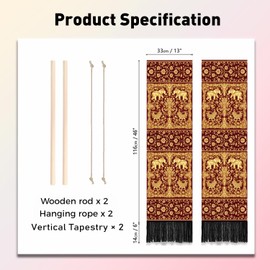 PLIGREAT 2 Pack Gold Elephant Tapestry Indian Motifs Wall Hanging with Tassels Aesthetic Maroon Wall Tapestry for Living Room Bedroom Bathroom Long Narrow Wall Hanging Home Office Art Decor, 46"x 13"