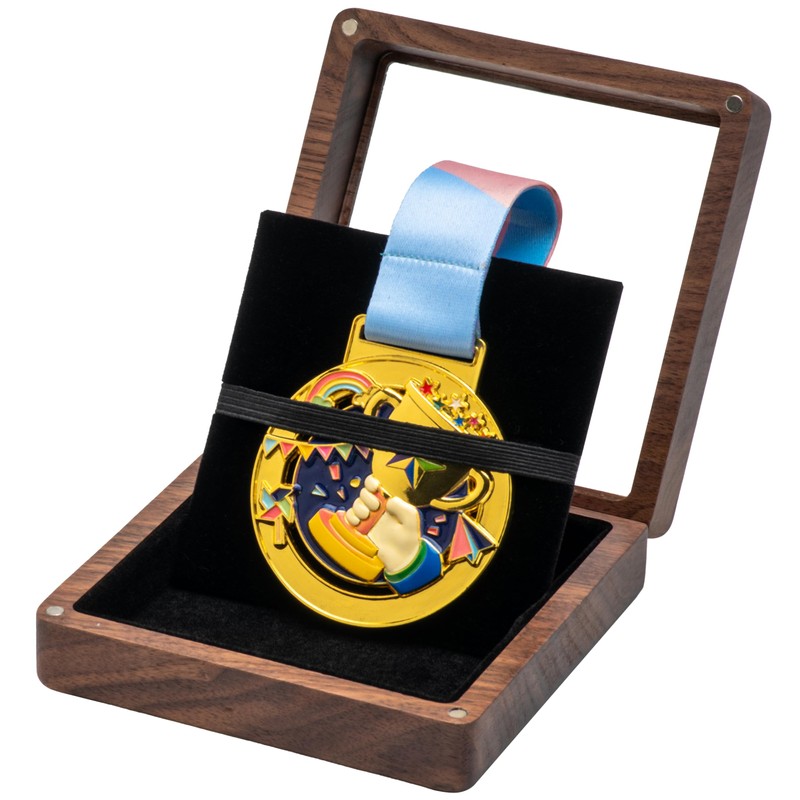 COSISO Single Solid Walnut Wood Medal Display Storage Box with