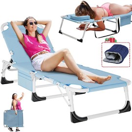 MOPHOTO Folding Chaise Lounge Chair 5-Position,Sun Tanning Chair,Heavy Duty Patio Chaise Lounges for Outside, Poolside, Beach, Lawn, Camping with Mattress - Color: Blue w/ Mat, Size: Standard:74.8"D x 23.2"W x 11.8"H