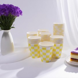 excvalues 100 Pieces 9 oz Gingham Paper Drinking Cups, 4 Colors Checkered Cups for Birthday Party, Hot Cold Beverage, DIY and Easter Paper Cups Picnic Decor Supplies(Yellow)