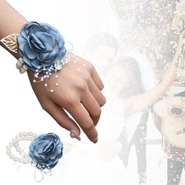TSKDKIT 2PCS Blue-Gray Corsage for Wedding and Prom Rose Wrist Corsage Bracelet with Pearl Wrist Band, Ribbon Flower Wrist Corsage for Women, Girls, Bridal, Bridesmaid etc