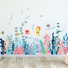 Condessacity Wall Sticker Seaweed Blisters Sea Fish Seahorse Corner Line Sticker Ocean Stylish Removable Cute Sea Life Wall Sticker Kids Room Bathroom Poster Wallpaper Toy Room Wall Sticker Decoration