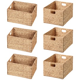 eHemco Extra Large Woven Hyacinth Wicker Storage Baskets with Iron Wire Frame, 16.1"x12.6"x9.5", Natural, Set of 6