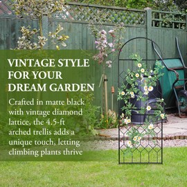 MyGift 4.5 ft Tall Arched Trellis with Matte Black Metal Wire Vintage Diamond Lattice, Geometric Shaped Outdoor Garden Support Frame for Climbing Plants and Crawling Vines
