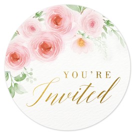 Mobiusea Creation 108 Pcs “You’re Invited” Pink Floral Stickers with Roses – 1.4" Waterproof Gold Foil Envelope Seals for Weddings, Bridal Showers, Birthdays & Baby Showers