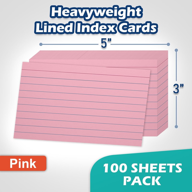 Pink Lined Index Cards 3x5 Ruled Note Cards 100 Count,