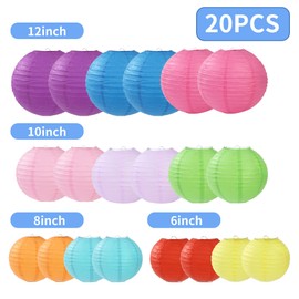 Pack of 20 Colourful Paper Lanterns, Paper Lanterns, Round Lampshade, 10 Colours Paper Lantern for Outdoor Decoration, Birthdays, Weddings and Holiday Decorations