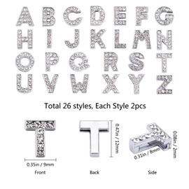 SUNNYCLUE 52Pcs Alphabet A-Z Letter Slide Charm Rhinestone Beads 8mm Hole Slide Alphabet Letters for 8mm Slide Wristbands/Bracelets, Stainless Steel Color