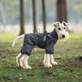Mile High Life Waterproof Dog Raincoat, Full Coverage Small Dog Rain Coat with Harness, Adjustable 4 Legs Puppy Rain Jacket with Reflective Strip and Elastic Cuffs (Gray, M Back Length 14.6")