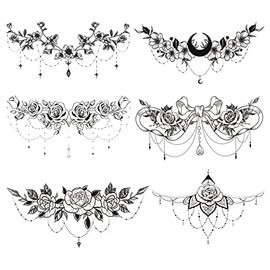 6 Sheets Breast Tattoo Women Fake Tattoos Anlers Tattoo Body Tattoo Sticker for Women Black Temporre Tattoo Sticker, Belly, Chest, Waist and Back Reversible False Tattoos for Girls