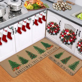 Yinhua Christmas Kitchen Rugs, Xmas Non Skid Kitchen Mats for Floor, Christmas Pines Kitchen Rugs Set of 2, Christmas Holiday Decor and Gifts 17x30 and 17x47 Inch