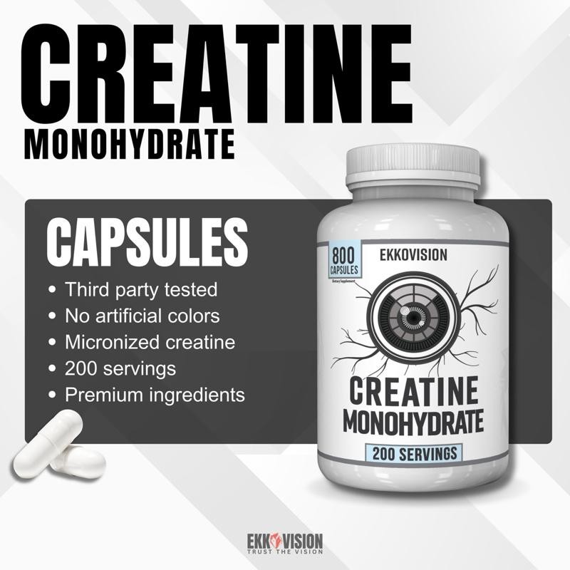 EKKO Creatine Capsules 3RD Party Tested Dietary Healthcare Supplement:_200 Servings
