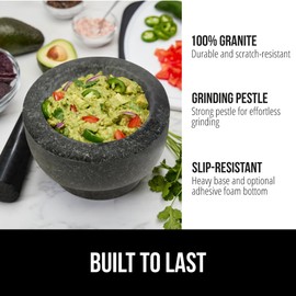 GORILLA GRIP Heavy Duty Mortar and Pestle Set with Slip Resistant Base, 100% Granite Stone Molcajete Guacamole Bowl, Grind Seeds Spices, Crush Garlic, Kitchen Muddler for Fresh Herbs, 1.5 Cup, Black
