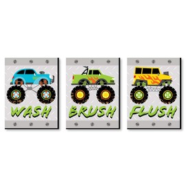 Big Dot of Happiness Smash and Crash - Monster Truck - Boy Kids Bathroom Rules Wall Art - 7.5 x 10 inches - Set of 3 Signs - Wash, Brush, Flush