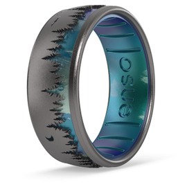 Enso Rings Etched Classic Silicone Rings - Comfortable and Flexible Design - 8mm Wide, 2.16 Thick - Woodland - Platinum/Forest - Size 10