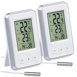 PEARL Weather Station: Set of 2 Digital Indoor and Outdoor Thermometer with Time, LCD Display (Thermometer with Outdoor Sensor, Thermometer with Outdoor Sensor, Fridge Thermometer)