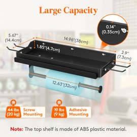 Lifewit Garage Paper Towel Holder with Shelf, Shop Towel Holder, Wall Mount Tool Rack with 4 Hooks&Phone Stand, Stick on Adhesive (Hold 19lbs) or Screws(44lbs) for Clean Station/Craft Room,2Pack,Black