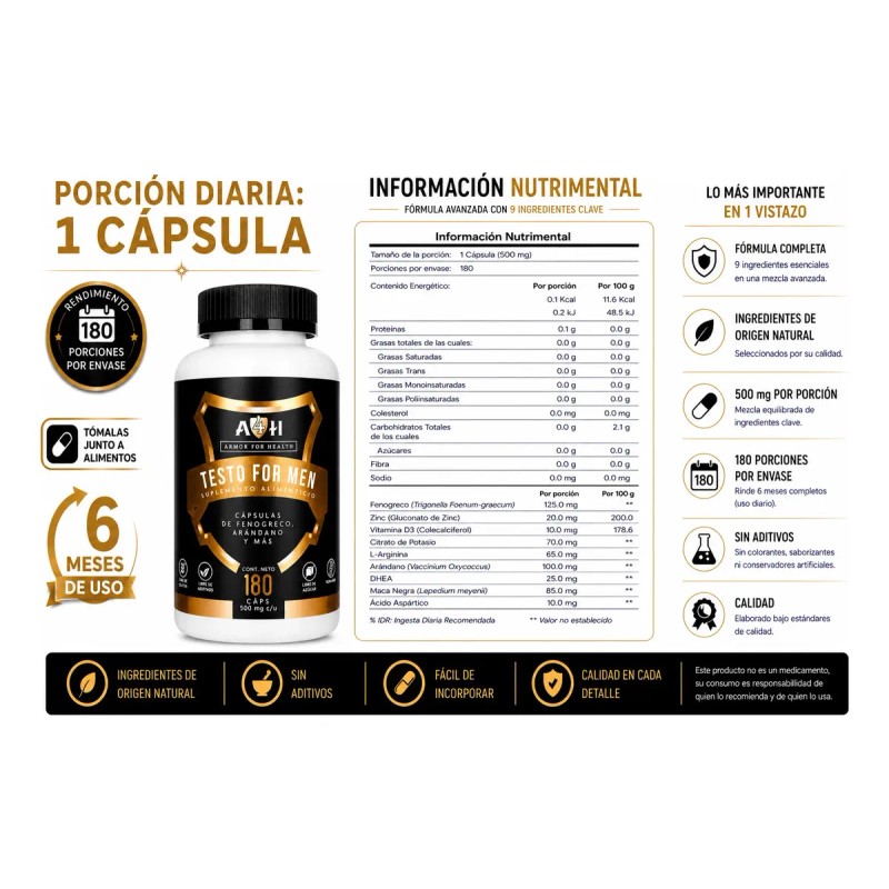 Testo For Men 180 Cápsulas Maca Negra Fenogreco Arginina A4h