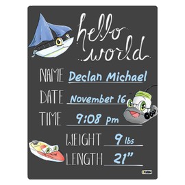 Cohas Hello World Newborn Baby Announcement Chalkboard Sign with Boat Theme, 12 by 16 Inches, Blue Marker