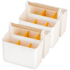 2 Pcs Kit Small Yellow Art Supplies Organizer Storage Box with Dividers, Large Capacity Craft Caddy with Wooden Handle, Adjustable Compartments for Markers, Paintbrushes, and Classroom Supplies