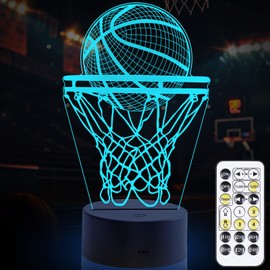 Basketball Night Light, 3D LED Night Lamp for Boys - Basket Ball Themed Bedroom Lamps, Optical Illusion Lamp with Remote Control, Perfect for Kids' Room Décor, Cool Gifts for Basketball Lovers