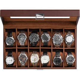 Watch box organizer for men, 12 slot watch display case with glass lid, PU leather watch Storage Mens Watch case, watch holder organizer for men women-12 slot, Brown - Colour: Brown, Size: 12-Slot