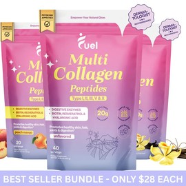 Fuel Multi-Collagen Peptides 3-Pack Bundle – Hydrolyzed Protein with Hyaluronic Acid, Biotin, Resveratrol & 11 Beauty-Boosting Ingredients for Hair, Skin & Nails