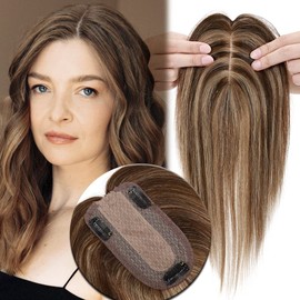 MY-LADY Human Hair Toppers for Women Real Remy Hair 150% Density 7 * 13CM Silk Base No Bangs Clip in Hair Pieces Straight Hairpiece for Thinning Hair 6 Inch #4/27 Medium Brown & Dark Blonde