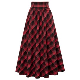 SCARLET DARKNESS Women's Victorian Costume Skirt High Waist Lacing Medieval Maxi Skirt, Red Black Plaid