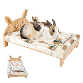 Midollarle Upgrade Large Wooden Bunny Bed with Pillow and Mat, 2 in 1 Folding Pet Bed for Rabbit Guinea Pig Hamster Ferret Chinchilla Kitten Bunny Sleeping Habitat, Detachable Wood Small Animal Bed