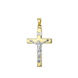 Personalize Delicate Two Tone Christian Religious Jesus Inri Crucifix Cross Necklace Pendant for Women White & 14K Yellow Real Gold Cross No Chain